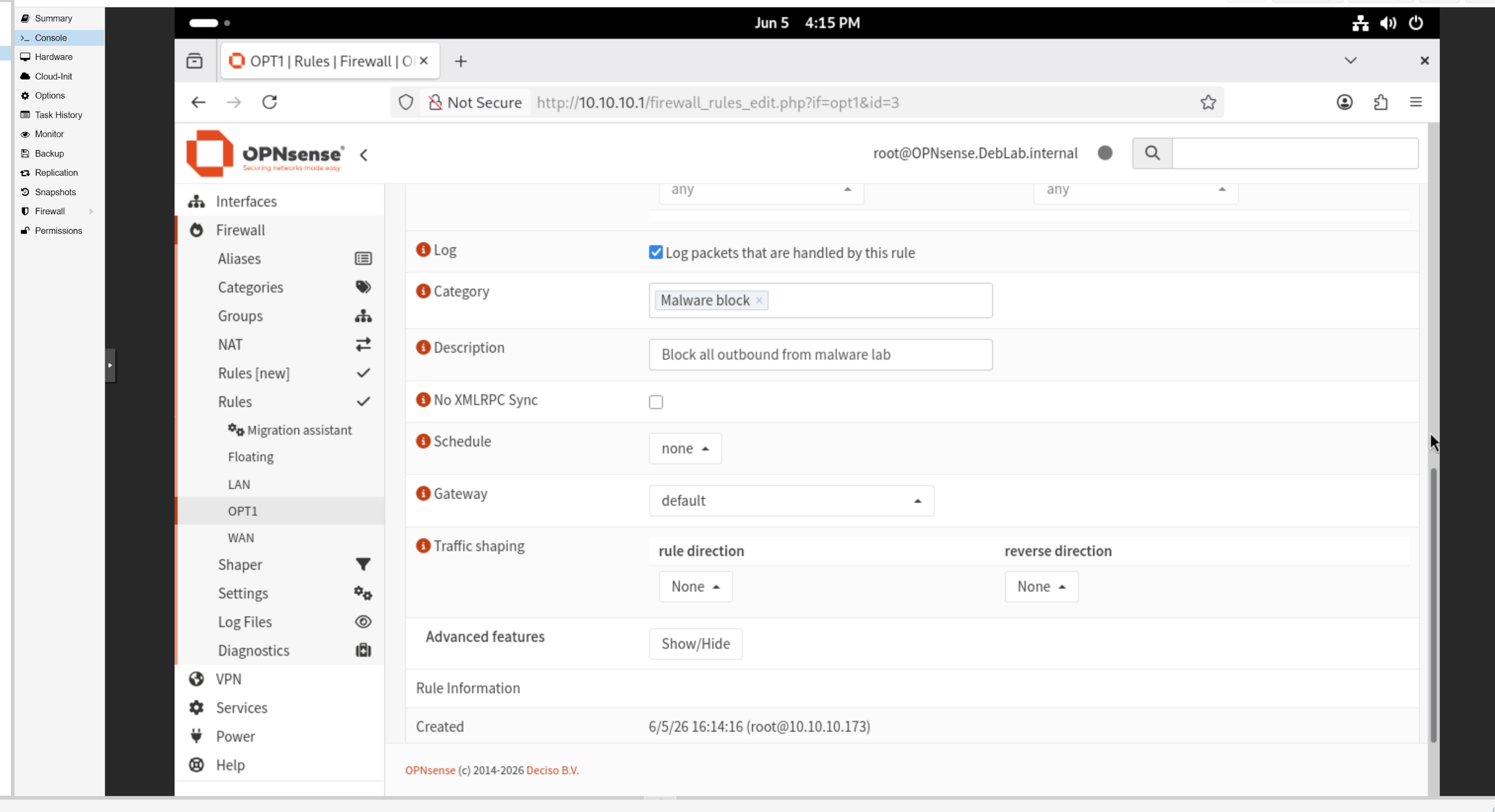 OPNsense OPT1 rule saved